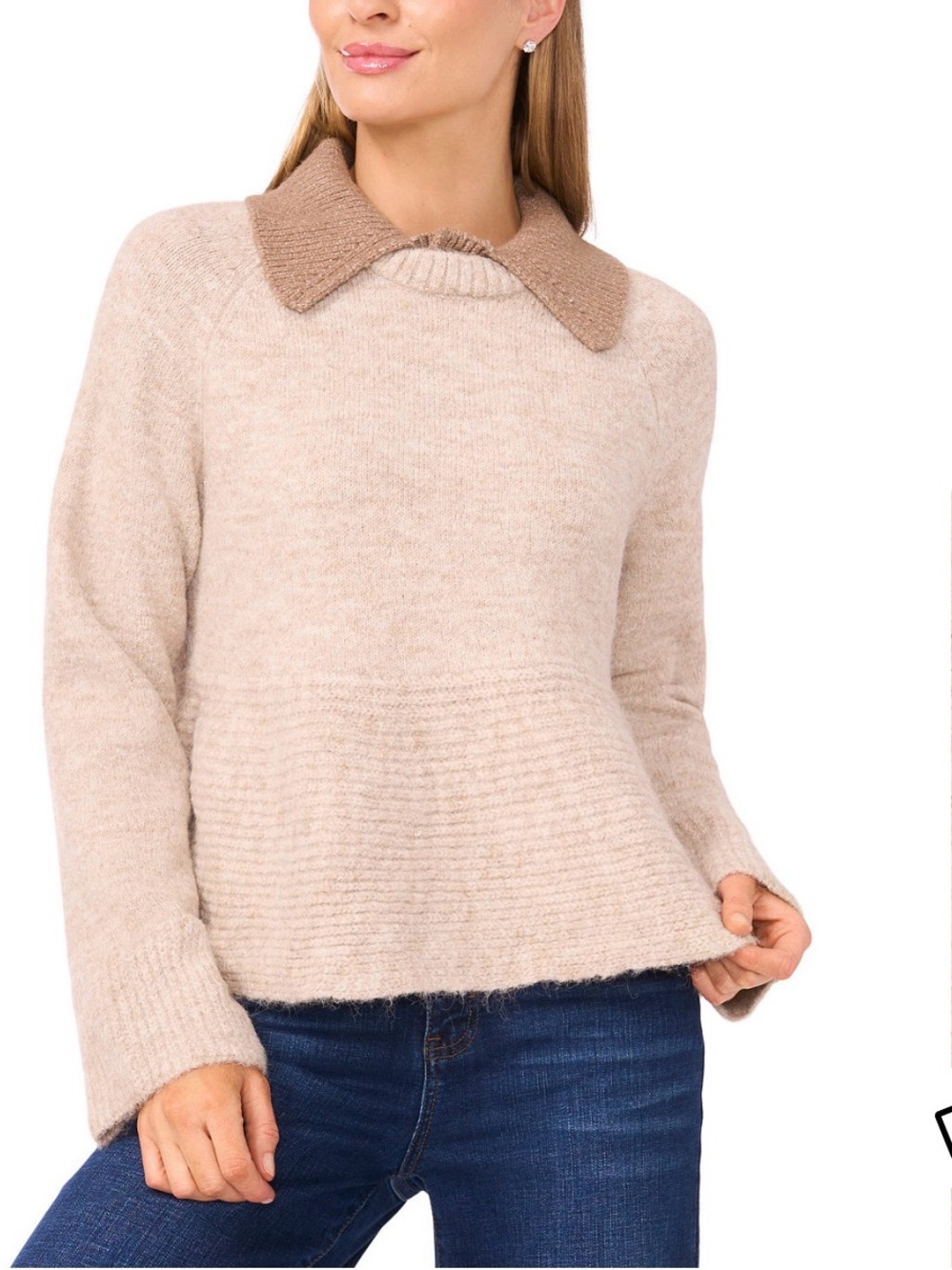 CeCe Beige Peplum Sweater with Contrast Collar